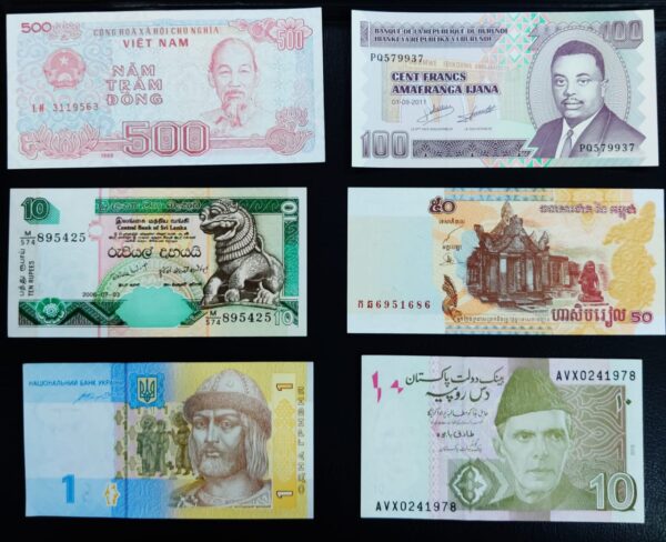 Set of 6 different foreign banknotes UNC condition