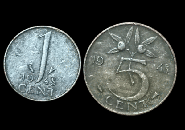 Netherlands 1948 Wilhelmina Bronze Coin Set – 1 Cent & 5 Cents