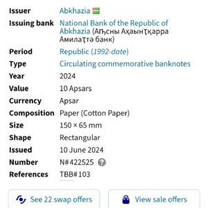 10 Apsars Banknote – Abkhazia Commemorative Issue